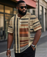 Men's Plus Size Daily Casual Khachi Vintage Patchwork Geometric Print Henry Collar Button Short Sleeve T-Shirt